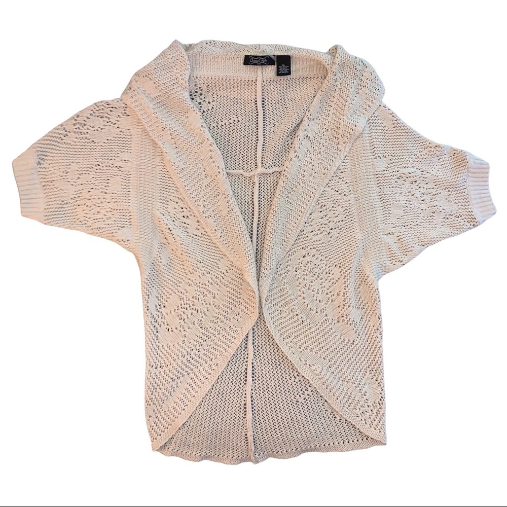 Y2K Beige Knit Floral Crochet Short Sleeve Open Cardigan